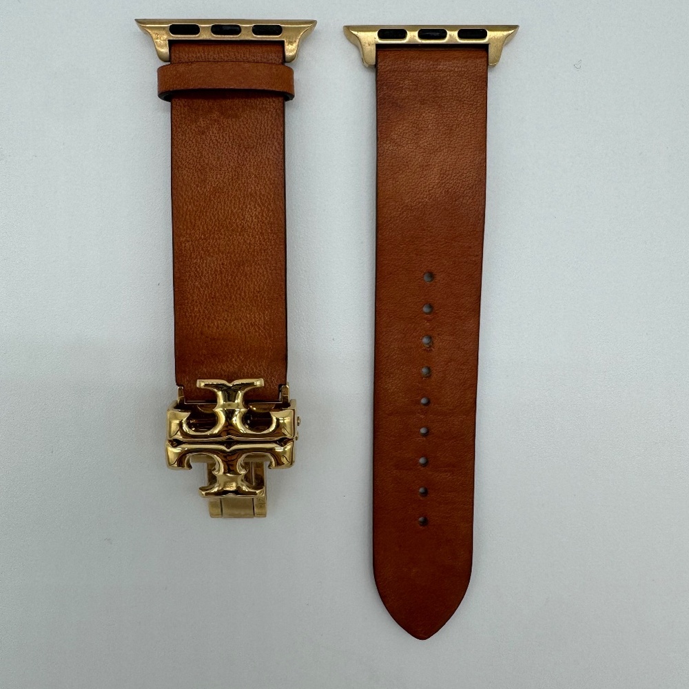 Tory Burch Genuine Leather Apple Watch Band 38/40/41mm – Brown with Gold Stainle